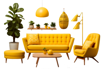 Yellow modern furniture items including a sofa, chair, planter, table, and lamp isolated on a transparent background for interior design.