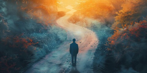 A man is walking down a road in a forest - obrazy, fototapety, plakaty