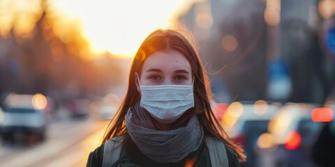 A woman wearing a mask is standing in front of a sunset - obrazy, fototapety, plakaty