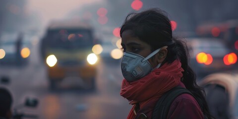 A woman wearing a mask is standing in the middle of a busy street - obrazy, fototapety, plakaty