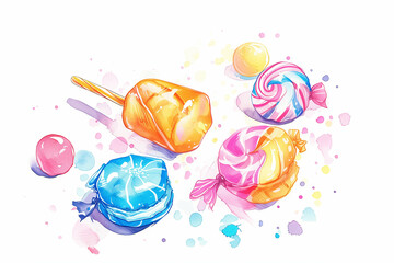 A colorful drawing of colorful candies on a white background. - obrazy, fototapety, plakaty