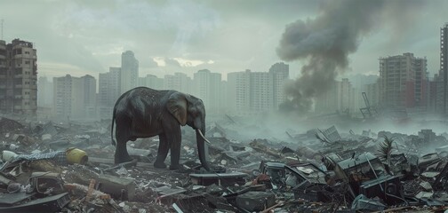 A large elephant is walking through a city that is covered in trash and rubble - obrazy, fototapety, plakaty