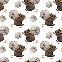 Seamless bitmap pattern with New Year Christmas mice with gifts