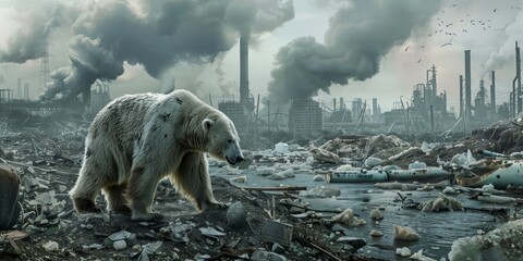 A polar bear is walking through a polluted city