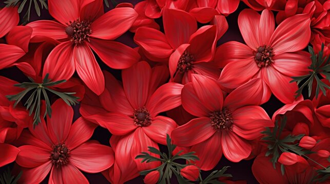 Background of a mix of delicate red adonis blossoms and fresh green leaves