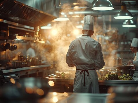 Chef, apron, expert in culinary arts, competing in a prestigious cooking show against fierce rivals