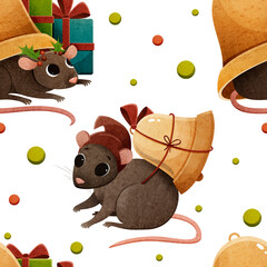 Seamless bitmap pattern with New Year Christmas mice with gifts