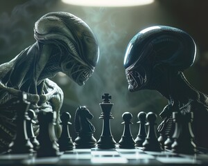 A human chess player facing an alien opponent, symbolizing strategic thinking and interstellar diplomacy - obrazy, fototapety, plakaty