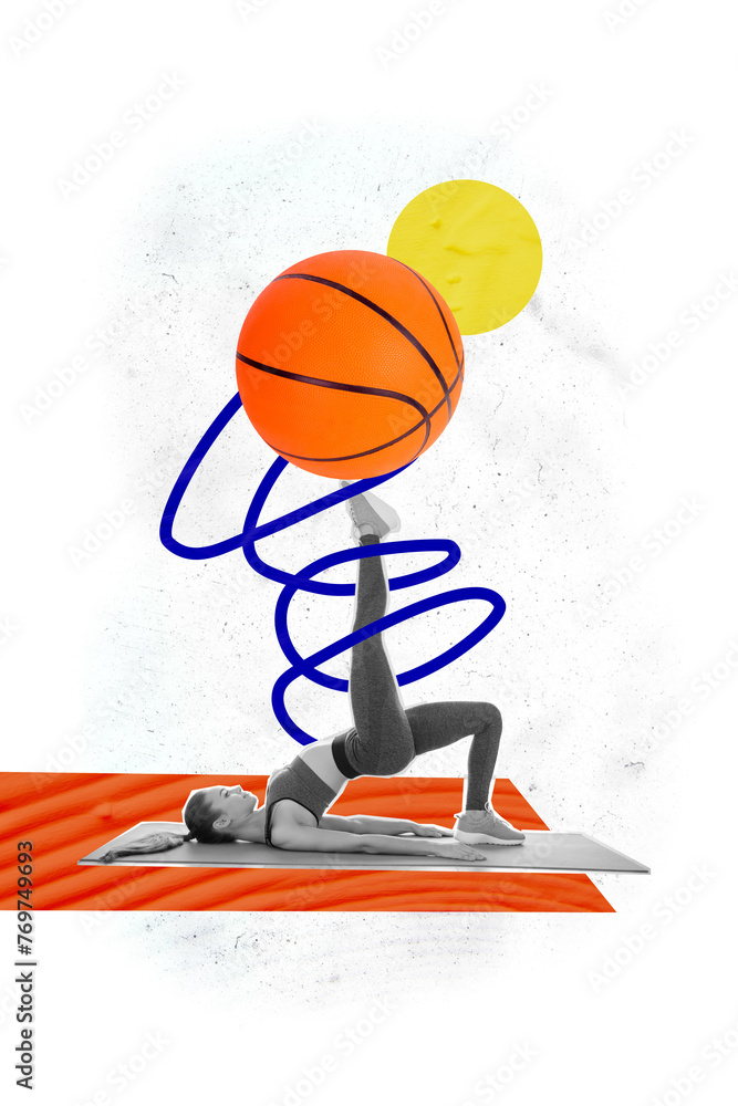 Sticker Vertical graphics collage image of young girl athlete lie karemat push basketball ball pilates yoga aerobics isolated on white color background