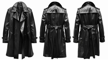 clothing, a photo of a black leather classic extra long trench jacket on white background with the front and back of the jacket shown side by side