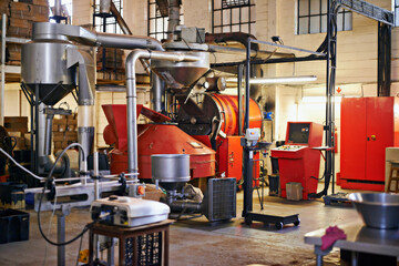 Machine, warehouse and industrial packaging at production factory with stock manufacturing, shipping or storage. Equipment, storehouse and wholesale goods for e commerce, preparation or workplace