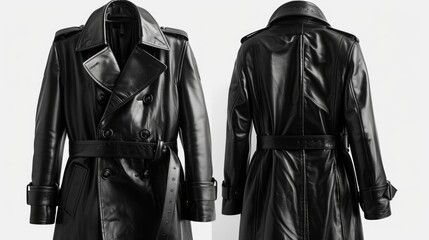 clothing, a photo of a black leather classic extra long trench jacket on white background with the front and back of the jacket shown side by side