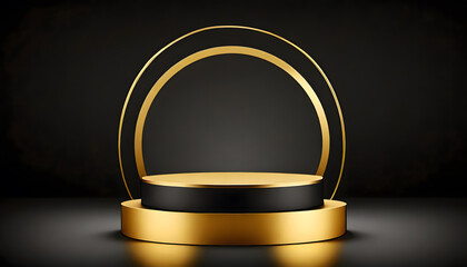 Minimal black scene with golden lines. Cylindrical gold and black podium on a black background. Generative AI.