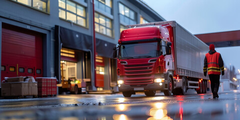 A red semi truck is parked in front of a building - obrazy, fototapety, plakaty