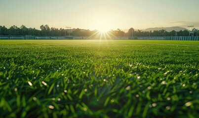 Soccer field green grass at sunset - obrazy, fototapety, plakaty