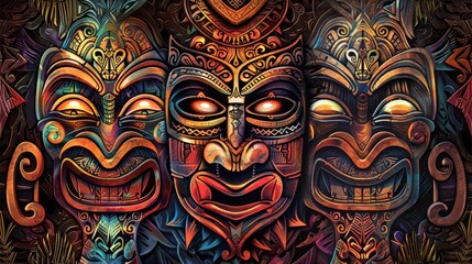 Textured tribal mask pattern, featuring the protective spirit Aku Aku, with their intricate designs and mystical aura, set against backdrop of Polynesian motifs created with Generative AI Technology	 - obrazy, fototapety, plakaty