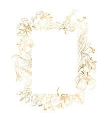 Line art gold floral border in minimal linear style. Botanical line art silhouette golden leaves, Gradient gold flower border. invitation cards, banners, wedding illustration, for books, greeting card