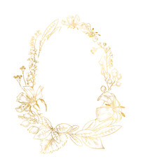 Line art gold floral border in minimal linear style. Botanical line art silhouette golden leaves, Gradient gold flower border. invitation cards, banners, wedding illustration, for books, greeting card