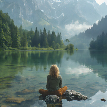 A woman enjoying a quiet moment of reflection by a mountain lake isolated on white background, studio photography, png
