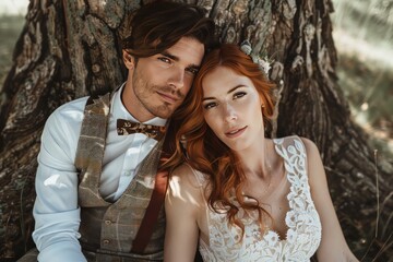 young couple poses for an outdoor wedding photo