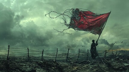 Freedom Symbol, Barbed Wire, Defiant protester in a desolate wasteland, Holding a tattered flag, Stormy Sky, Realistic Illustration, Rembrandt Lighting, HDR - obrazy, fototapety, plakaty