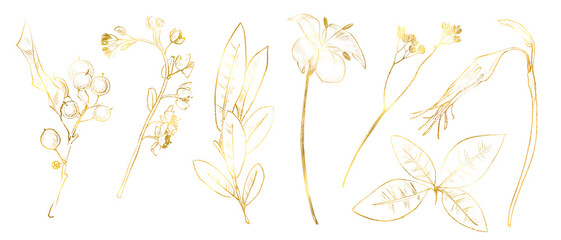 Fototapeta premium Botanical linear golden flower design. Golden Linear floral leaves and flowers set, Bright shining golden floral bouquets. Invitation templates, wedding cards, 