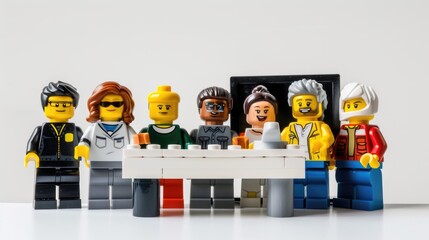 group of people in a row, LEGO minifigures, with simple smiling faces, working together around desk with a computer on it, white background