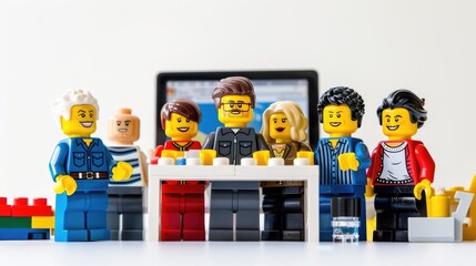 group of people in a row , LEGO minifigures, with simple smiling faces, working together around desk with a computer on it, white background