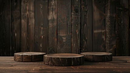Rustic wood pieces podium. Background for perfume, jewellery and cosmetic products. Front view - generative ai