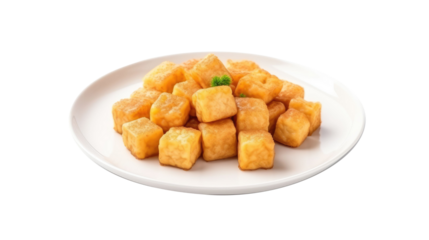 Plate of fried tofu cubes isolated on transparent a white background 