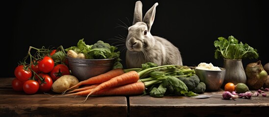 A rabbit is enjoying a feast of natural foods, surrounded by fresh vegetables on a wooden table. The ingredients for a delicious recipe are ready to be prepared - obrazy, fototapety, plakaty