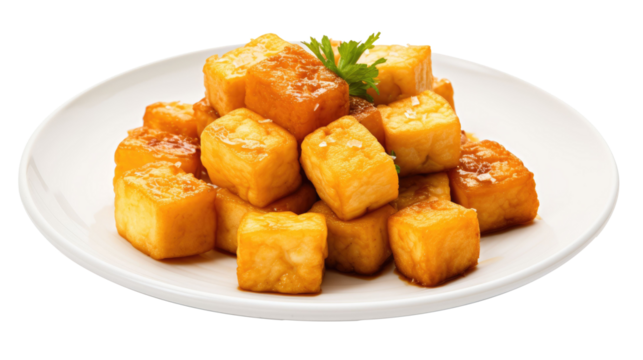Plate of fried tofu cubes isolated on transparent a white background 