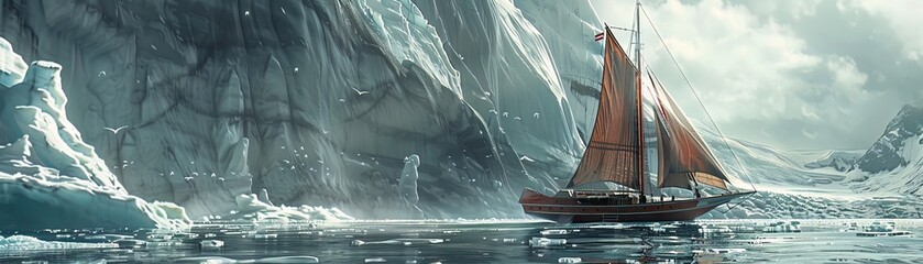 A traditional sailboat navigating through icebergladen waters, illustrating adaptability and foresight in leadership - obrazy, fototapety, plakaty