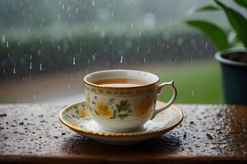 beautiful cup filled with tea in rainy morning - obrazy, fototapety, plakaty