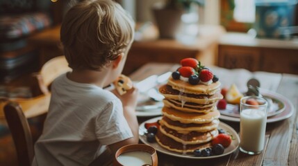 child with cake, the child is eating a pancake, in front of him is a stack of pancakes on a plate decorated with fruits, there is a glass of milk on the table. warm light, blurred background