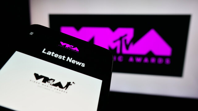 Stuttgart, Germany - 03-19-2024: Smartphone with website of award show MTV Video Music Awards (VMA) in front of logo. Focus on top-left of phone display.