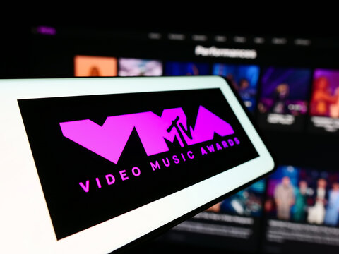 Stuttgart, Germany - 03-19-2024: Mobile phone with logo of award show MTV Video Music Awards (VMA) in front of website. Focus on center-left of phone display.