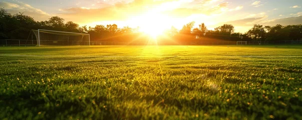 Poster Soccer field green grass at sunset © piai
