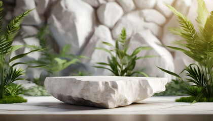 Photo stone podium display with white rock and plant blur foreground abstract background 3d. Generative AI.