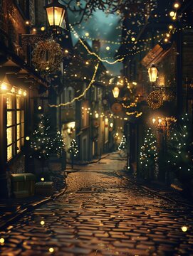 An empty cobblestone street at night, illuminated by Christmas lights and glowing lanterns