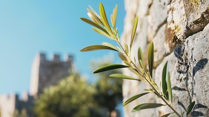 An olive branch extending from a fortress, representing peace through strength and visionary diplomacy - obrazy, fototapety, plakaty