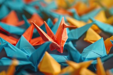 An origami crane standing out among paper planes, representing uniqueness and the delicate art of leadership - obrazy, fototapety, plakaty