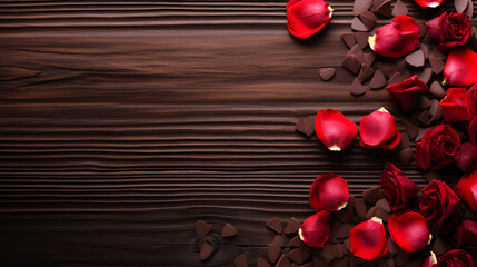Valentines day background HD 8k wall paper Stock Photographic image, Valentines day holiday composition, ornament. festive creative pattern, red roses, hearts and ribbon on wooden brown background. 