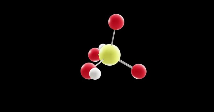 Sulfuric acid molecule, rotating 3D model of mineral acid, looped video on a black background