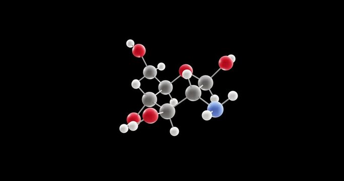 Glucosamine molecule, rotating 3D model of monosaccharides, looped video on a black background