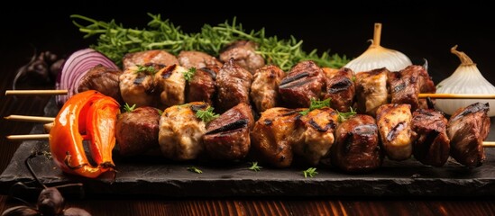 A tray of shish kebabs with grilled meat, vegetables, and building flavor on a wooden table,...