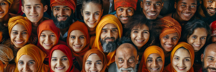 Smiling faces of diverse ethnic backgrounds with traditional headscarves. Ideal for celebrating cultural diversity and global communities, suitable for social awareness and multicultural events. - obrazy, fototapety, plakaty