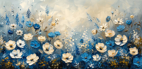 3D oil painting of white and blue flowers, detailed, vintage, neutral tones, meadow landscape