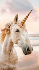 Mystical unicorn, sandy beach in Thailand, twilight, close-up, whimsical theme