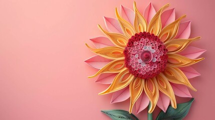 Paper quilling sunflower isolated on pink background. 